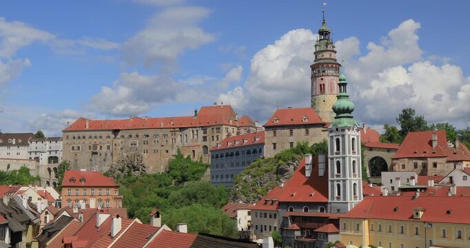 4k left to right panning motion of the 13th-century Cesky Krumlov Castle and the UNESCO World Heritage Site of the historic town Center of Cesky Krumlov. Situated on the banks of the Vltava river