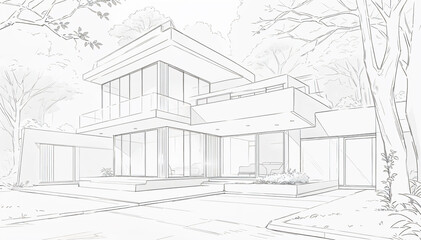 Fototapeta premium Minimalist architectural line art of a two story modern house with floor to ceiling glass windows and patio design.