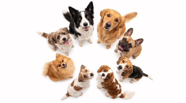 Various mixed breed puppies forming a circular pattern around copy space, isolated on white background. Perfect pet-themed image for design projects.