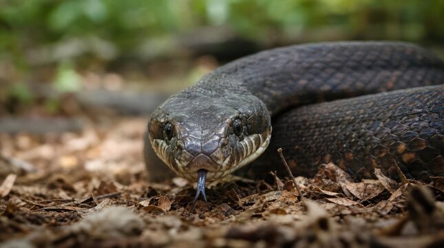 Close-up of a dark-scaled snake with its tongue flicking out on a forest floor.