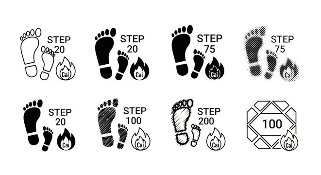 Fitness activity tracker and step counter interface elements showing footprint icons calorie burn statistics and health progress tracking in various art styles