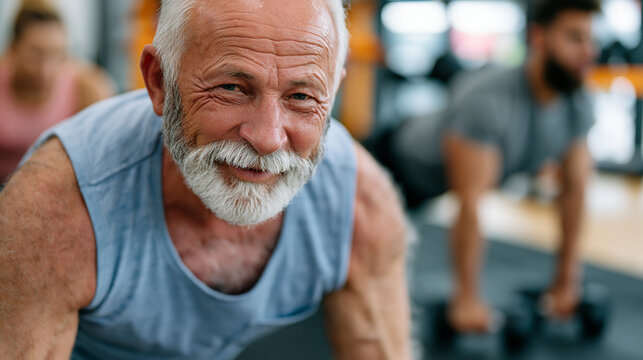Eighty-year-old retired carpenter performing Turkish get-up exercise in community center under coach supervision, functional fitness aging program, full-body mobility and strength maintenance, fall 