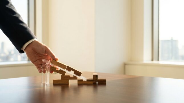 Person holding a wooden block illustrating structure and organization in a business progress conceptual framework