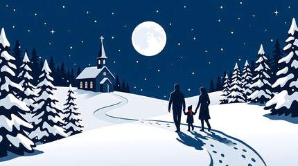 Fototapeta premium Silhouettes of a family walking on a snowy path toward a church under a full moon in winter night vector.