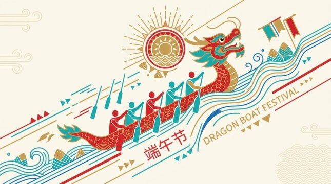 Colorful dragon boat festival illustration with rowers paddling in unison, festive sun, flags, and zongzi rice dumplings, celebrating traditional Chinese Dragon Boat Festival
