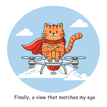 Cat flying on a drone - Fantasy Cartoon