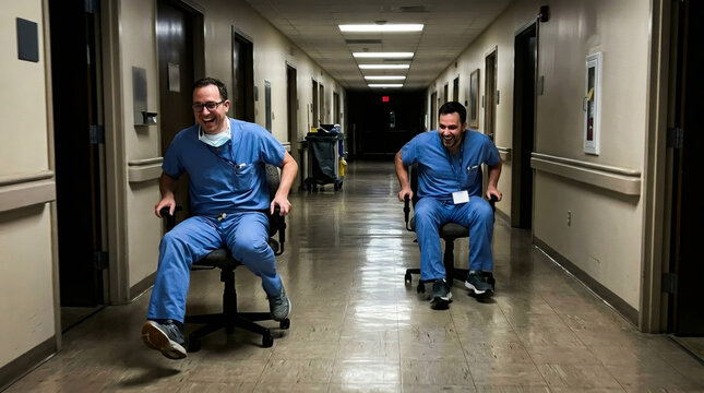 Two men doctors having fun racing on chairs in hospital corridor. Professional medical staff in scrub relaxing during break time. Teamwork, friendship and joy in healthcare workplace.