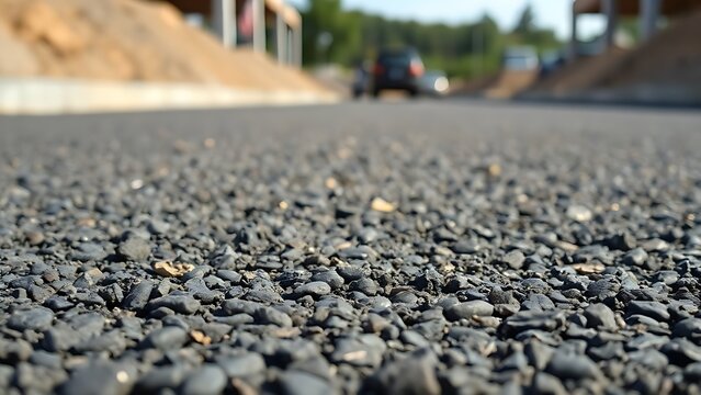 Freshly paved asphalt road from a ground-level perspective in daylight.