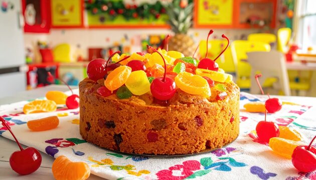A festive fruitcake generously topped with vibrant candied fruits and cherries sits on a decorative cloth.