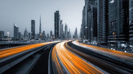 Fototapeta premium Streaking car lights illuminate a futuristic city highway at dusk