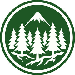 Obraz premium Forest Pine Trees and Snowy Mountain Round Logo