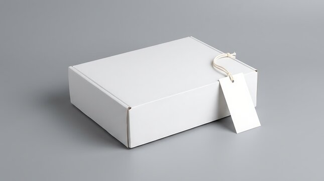 Blank white cardboard shipping box with hanging paper price tag mockup, empty delivery container for branding retail product