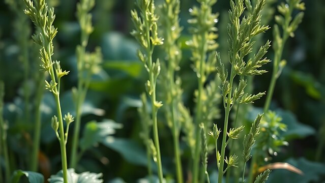 Tall celery plants with feathery leaves in a garden, morning dew on foliage.