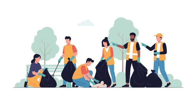 People participate in environment day by picking up trash in a park with trees and plants around them.