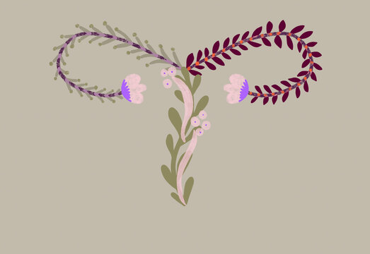 Female reproductive system illustrated with delicate blossoms and leaves