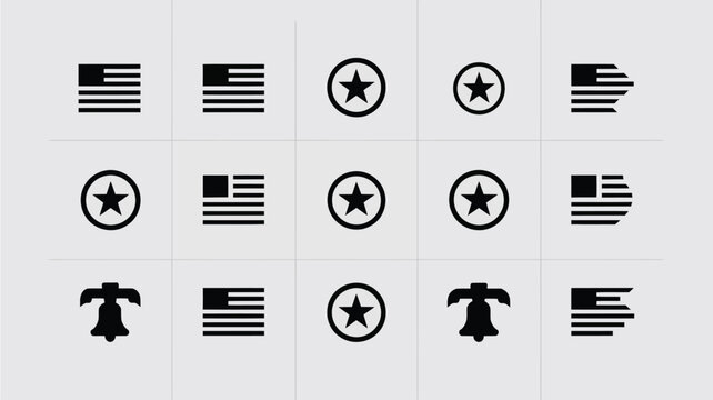 Set of black american flag icons and stars in circles for national branding and web design.