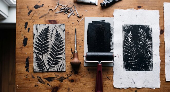 Linocut Printmaking Workspace with Carved Block and Brayer