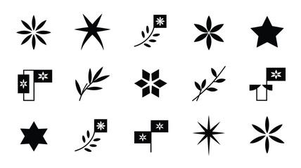 Obraz premium Set of abstract star and floral shapes with branches, black and white minimal illustrations.