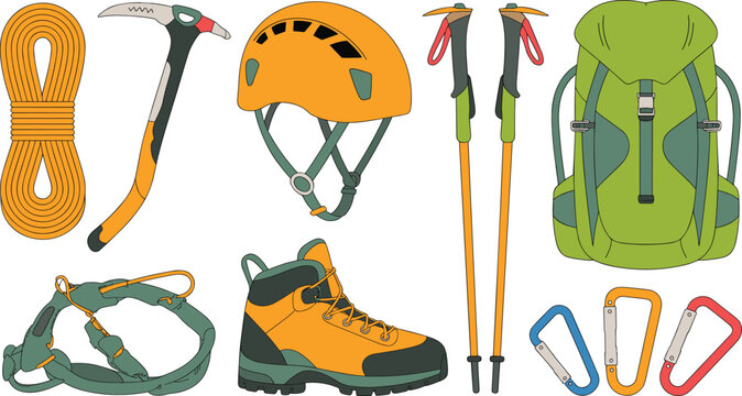 Mountaineering Equipment Silhouette Vector Set with Rope, Axe, and Carabiners