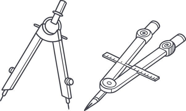 Two drafting compasses in outline style on light gray background
