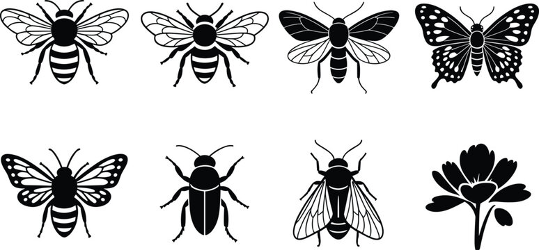 Insect and Flower Silhouette Vector Set with Bees, Butterfly, Beetle, and Bloom Designs