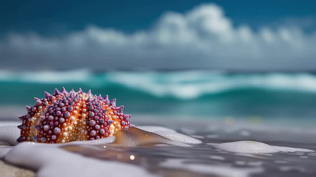 Starfish on the beach with waves in the background under cloudy sky during daytime