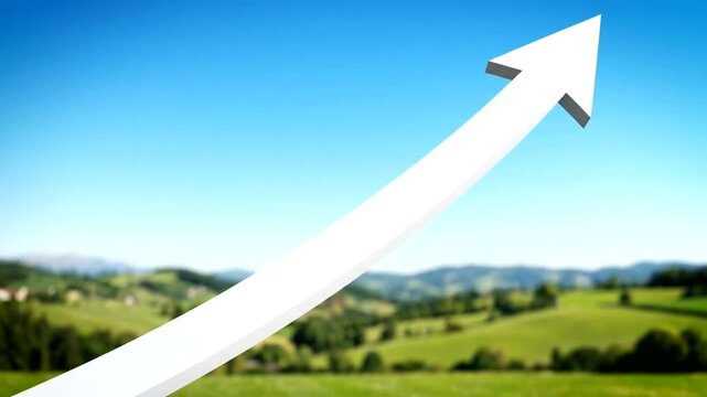 Green landscape with white upward arrow.