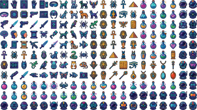 Mega Set of Pixel Art Game Assets Featuring Sci-Fi Cyberpunk Gear, Animals, Egyptian Hieroglyphs, Magic Potions, and Astronaut Helmets