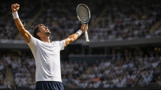 Male tennis player celebrating victory with raised arms on the court, surrounded by a cheering crowd in a large stadium during a professional match