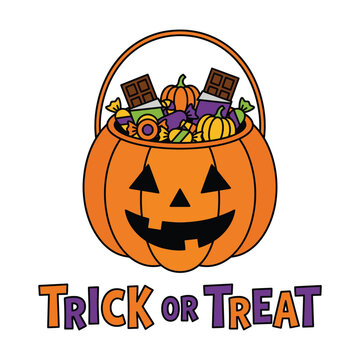 Pumpkin candy basket with sweets used in Halloween promotions, party invitations, seasonal projects, and celebration materials