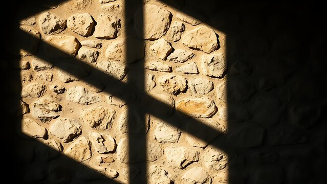 A cross shadow on a rough stone wall, gentle movement from a candle flame, dramatic light and shadow.