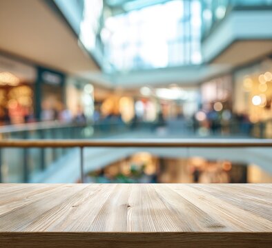 Empty wooden counter in a blurred shopping mall interior