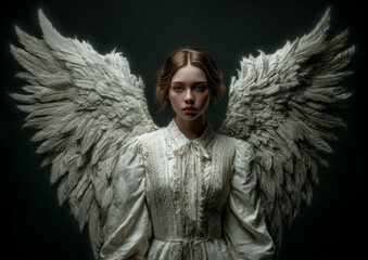 Obraz premium A woman in a white lace dress stands with large feather wings on a dark background. The front facing portrait is centered.