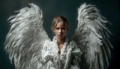 Obraz premium A woman in a white lace dress stands with large feather wings on a dark background. The front facing portrait is centered.