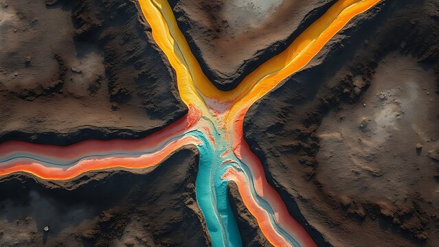 Aerial view of colorful mineral streams converging on a textured soil landscape.