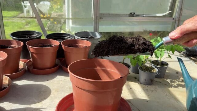 Filling a terracotta pot with compost using a trowel ready to plant vegetable seeds