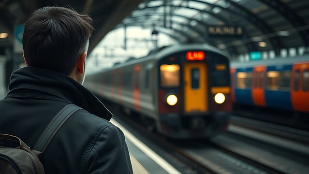 Passenger watching train carriages pull away from a platform.