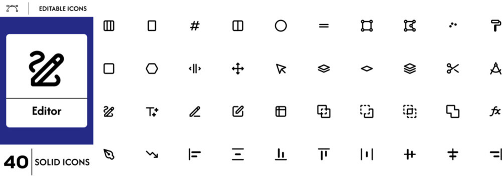 Editor icon set for text, photo and video editing tools. Includes bold, italic, cut, copy, paste, undo, redo, crop, brush, eraser, align, zoom. Line, filled, flat styles SVG PNG transparent background