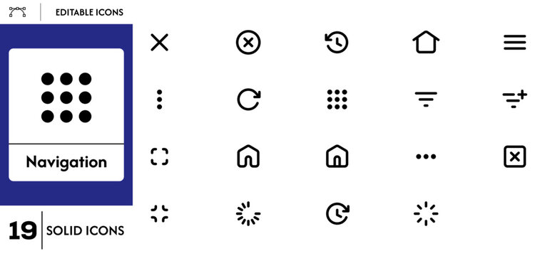 Navigation icon set for apps, websites, dashboards. Includes menu, back, next, home, search, settings, filter, share, close, expand, collapse. Line, filled, outline styles. SVG PNG transparent backgro