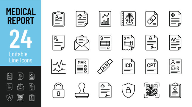 Medical Report and Healthcare Administration Line Editable Icons Set. Vector illustration in modern thin line style of patient records, EHR, billing, ICD, CPT, prescription, insurance, X-ray, data.