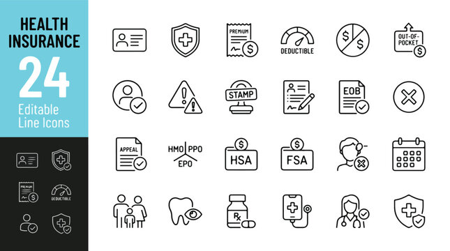 Health Insurance Line Editable Icons Set. Vector Illustration in Modern Thin Line Style of Medical Coverage Icons: Premium, Deductible, HSA, FSA, HMO, PPO, EOB, Appeal, Doctor, Pharmacy, Dental, Care