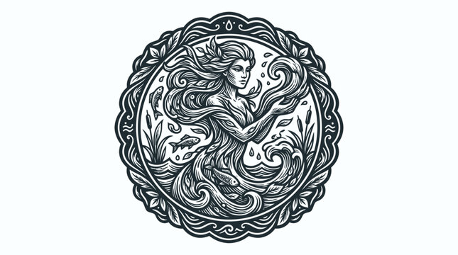 Mythical Water Nymph Illustration - Nature Spirit, Aquatic Life, Circular Emblem