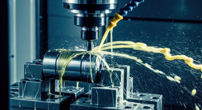 A machine cuts metal with a yellow fluid spraying out in a workshop.