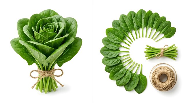 Fresh green spinach bunch shaped as a rose flower bud and a flat lay deconstructed arrangement on a white background