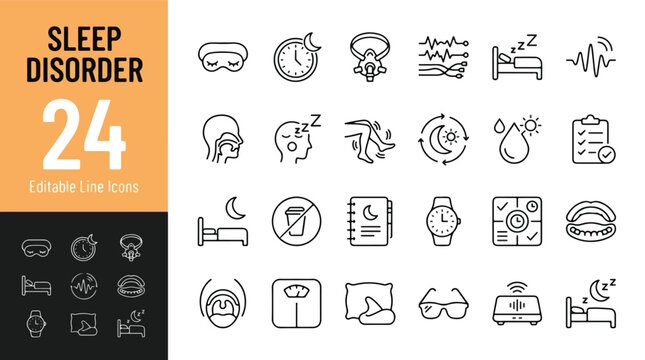 Sleep Disorder Line Editable Icons set. Vector illustration in modern thin line style of sleep apnea, insomnia, restless legs syndrome, narcolepsy, bruxism, cpap, snoring, and circadian rhythm.