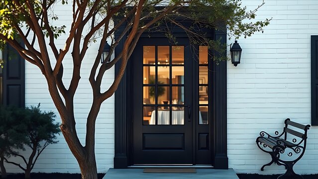 Black front door of a white house with a tree and bench in natural daylight.