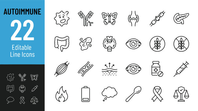 Autoimmune Disease and Chronic Illness Line Editable Icons set. Vector illustration in modern thin line style of health icons: lupus, arthritis, diabetes, celiac, thyroid, fatigue, and symptoms.