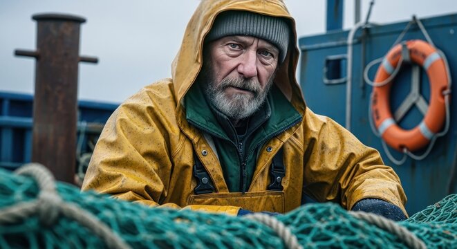 Fisherman wearing yellow jacket looks at green fishing nets on boat