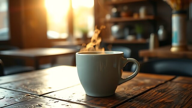 Steaming latte on a rustic cafe table with soft morning light and a warm, blurred background.