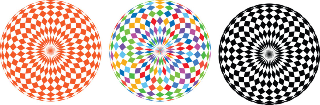 Set of three circular optical illusion patterns featuring black white orange and rainbow geometric spirals, abstract hypnotic radial checkerboard design, psychedelic motion effect spheres, modern vect